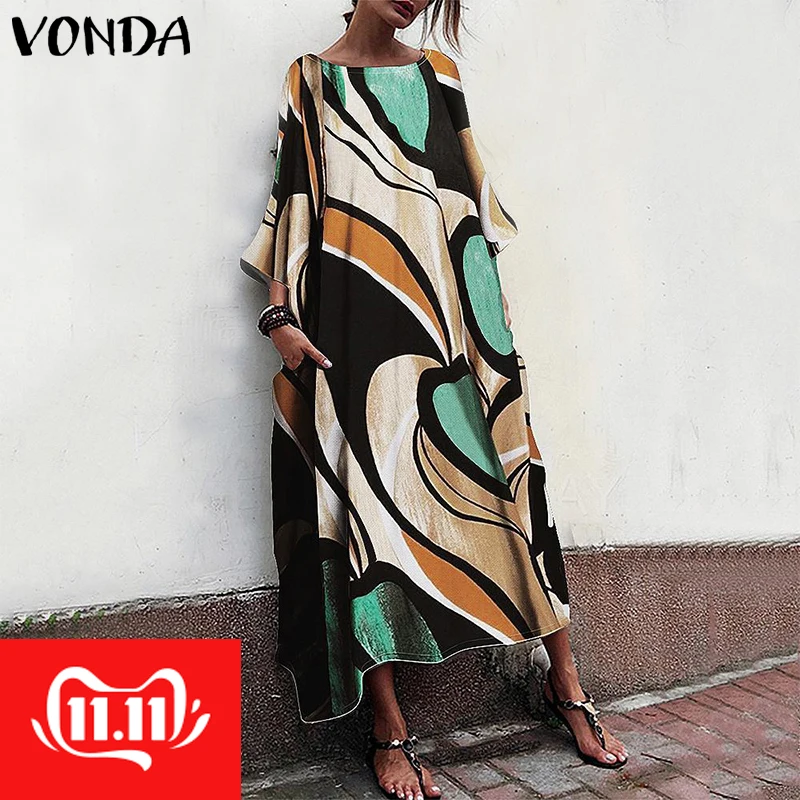 VONDA/2019 Летнее Длинное платье, сексуальное богемное платье с v-образным вырезом и принтом, повседневные платья с короткими рукавами, пляжные