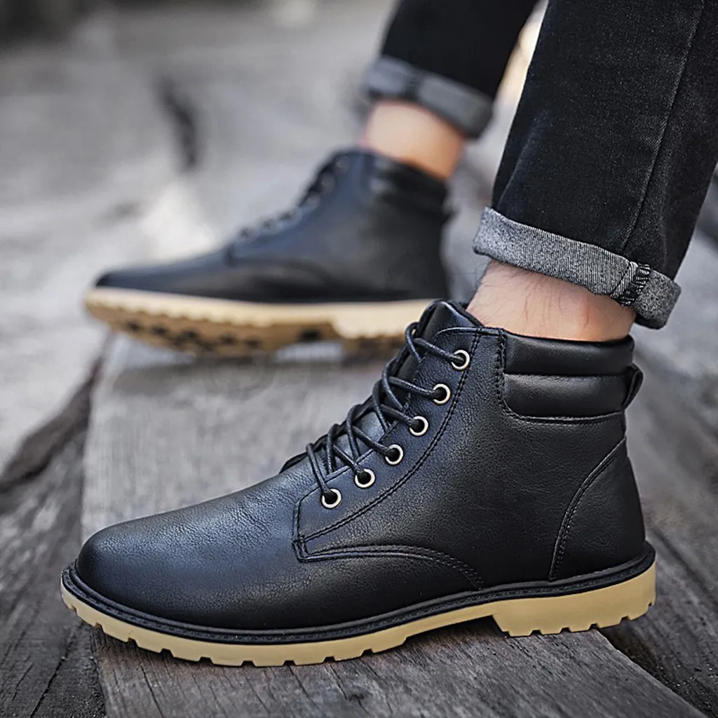 Low-heel Lace-up Men's Casual Lace Up Warm Ankle Motorcycle Boots Round Toe Outdoor Leather Male Student Shoes Zapatos De Hombre
