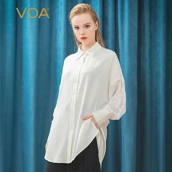 

VOA streamer white heavy weight contrast material embroidered Georgette splicing polo long sleeve micro elastic silk shirt B9300