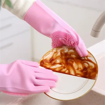 

2Pcs=1 Pair Silicone Kitchen Cleaning Dishwashing Gloves Magic Scrubber Rubber Dish Washing Gloves Kitchen Tools