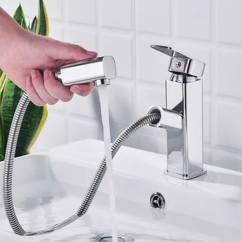 

Telescopic pull-out basin faucet Pull Out Kitchen Water Filter Silver Simple Style Single Handle Wash Hair Hot and cold water
