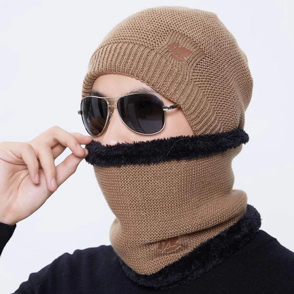 Зимний теплый мужской женский Skullies Beanie+ мягкий шарф, комплект из двух предметов, толстая флисовая подкладка, вязаная однотонная шапка, шарф, набор для улицы z1212