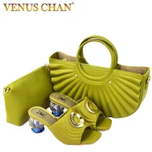 Itallian Design 2021 New Arrival Fashion Avocado Color Party Elegant Women Shoes and Bag Set full of Rhinestone Mixing Metal