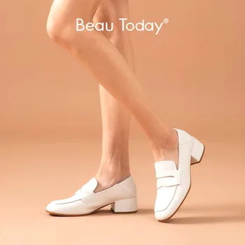 

BeauToday Women Penny Pumps Genuine Calfskin Leather Square Toe Slip-On Mid Heel Ladies Casual Office Shoes Handmade 15714