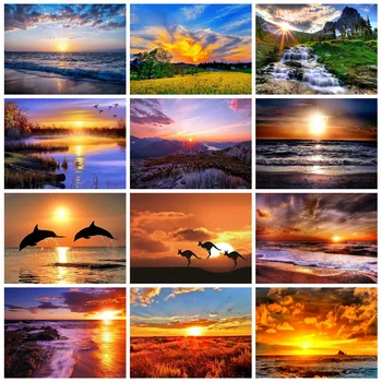 

Huacan Diamond Painting Kit Scenery Mosaic Sunset Diamond Art Full Drill Embroidery Landscape Farmhouse Home Decor