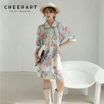 

CHEERART Vintage Summer Shirt Dress Women 2020 Floral Print Peter Pan Collar Button Up Mini Dresses Japanese Style