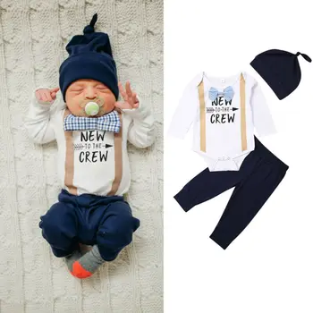 

3pcs Newborn Kds Baby Boys Clothes Cotton New To The Crew Romper Leggings Pants+Hat Outfits Set Autumn Clothing