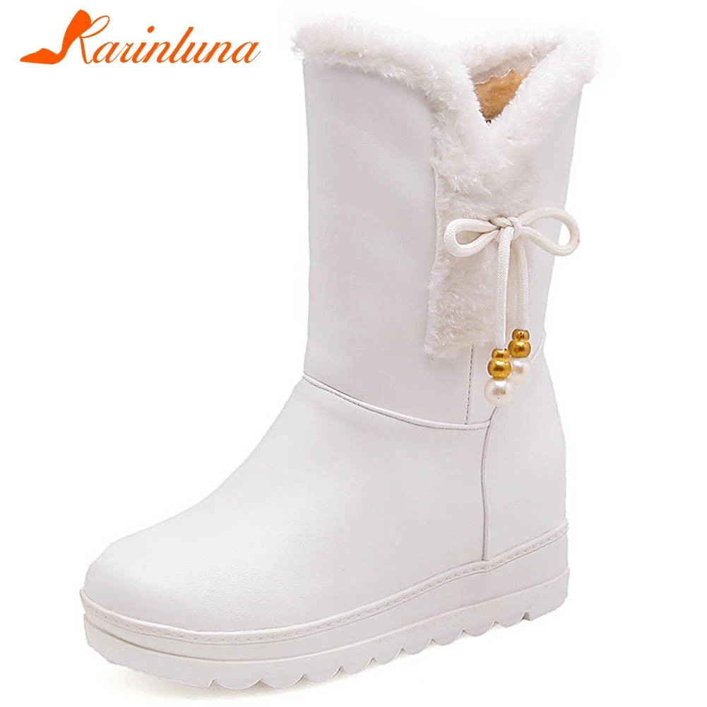 KARINLUNA/размеры 30-42, фирменный дизайн, женская обувь на платформе, увеличивающая рост женские зимние Нескользящие теплые меховые сапоги с бантом