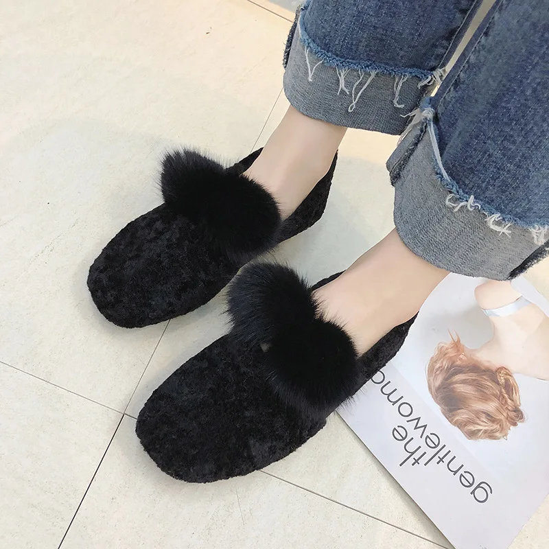 

Fashion Round Toe Flock Winter Women Fur Loafers Plush Slip on Metal Decoration Warm Flats Shoes Solid Casual Women Shoes