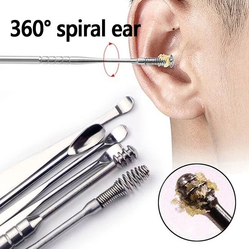 

5Pcs/set Double-ended Stainless Steel Spiral Ear Pick Spoon Ear Wax Removal Cleaner Ear Tool Multi-function Portable