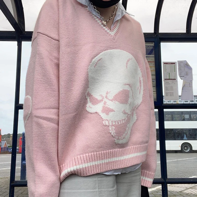 

ALLNeon Grunge Aesthetics Skull Graphic Knitted Y2K Sweaters Punk Style V-neck Long Sleeve Oversized Jumpers Vintage 2000s Tops