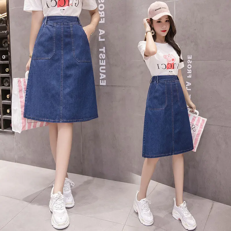 

Denim Skirt Women's Spring And Summer New Style Plus-sized 200 of Fat Mm Mid-length High-waisted A- line Skirt S-5xl