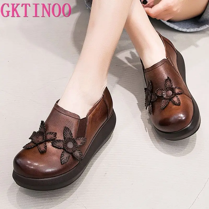 GKTINOO/ г.; сезон весна-осень; удобная женская обувь на танкетке в этническом стиле из натуральной кожи; женская обувь на высоком каблуке с круглым носком на платформе