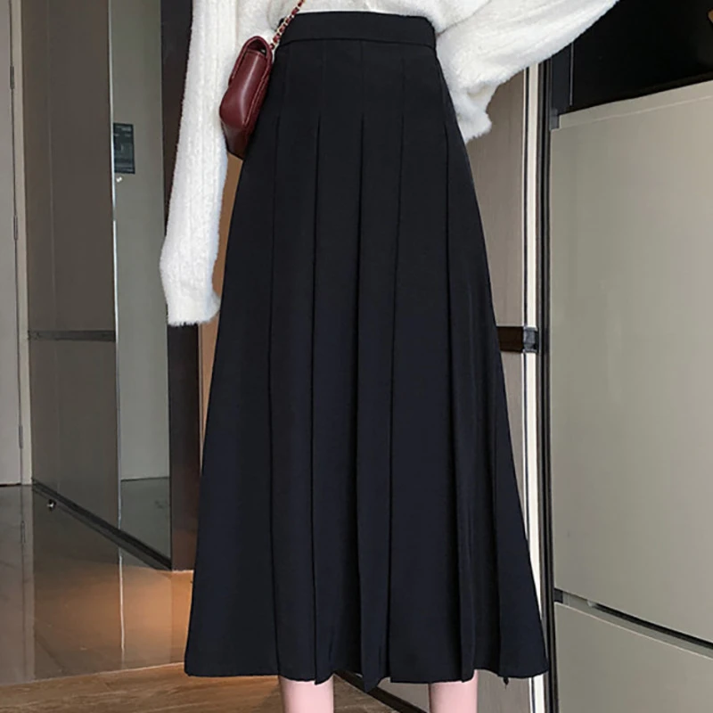 Faldas largas de para mujer, faldas sencillas lisas de estilo informal, de cintura alta, Estilo Vintage para estudiantes|Faldas| - AliExpress