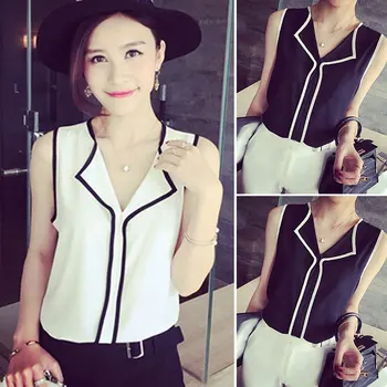 

2020 Women Summer V-Neck Sleeveless Summer Office Lady Chiffon Blouse Shirt Black White