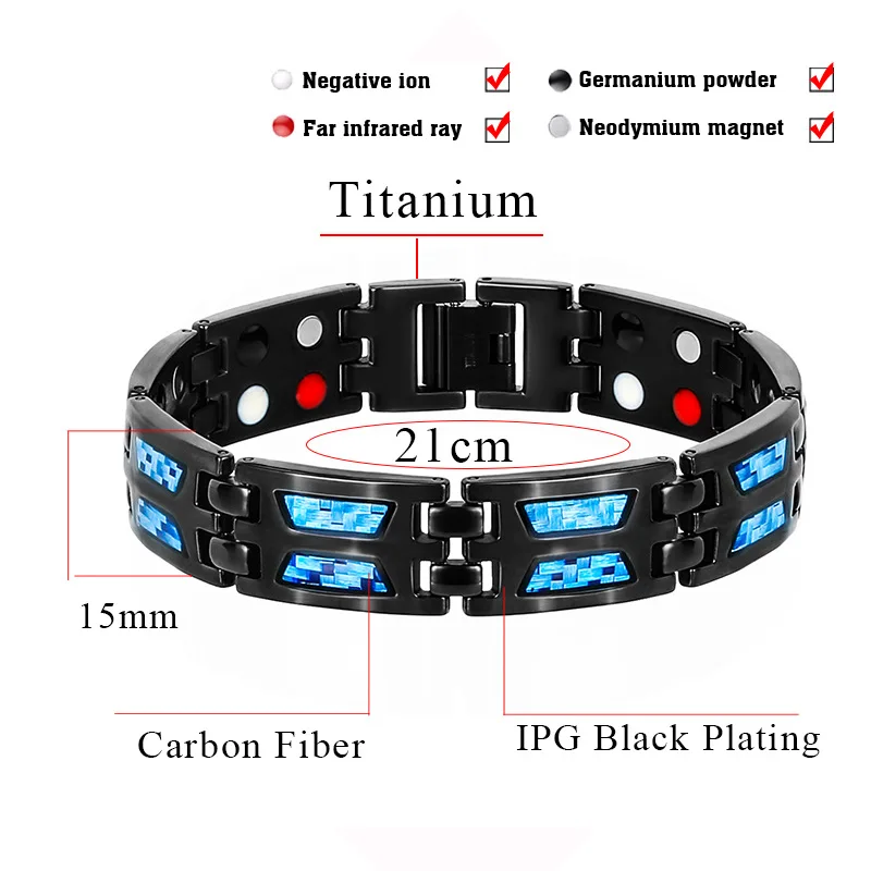 15 мм роскошный черный мужской титановый терапевтический браслет, браслет, инкрустированный двумя рядами голубого карбидного волокна, магнитное обезболивающее звено Enery