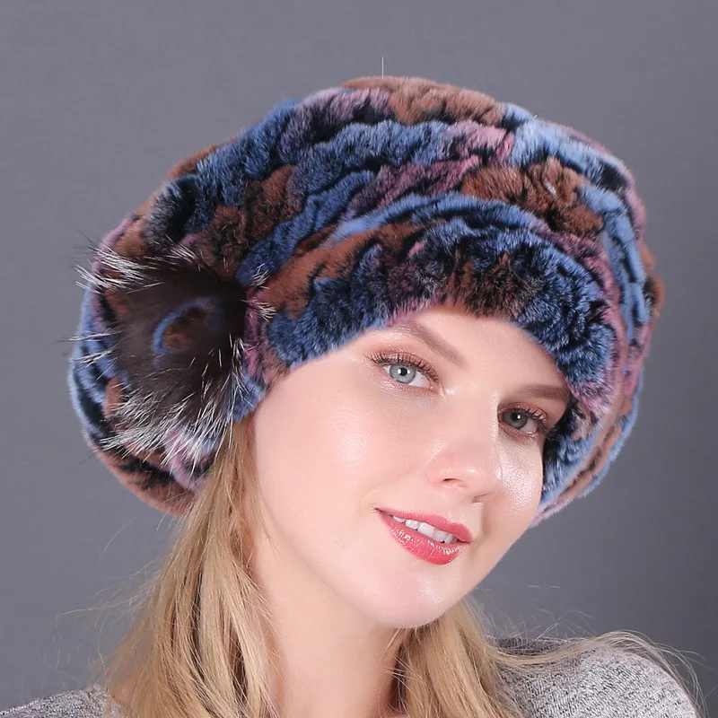 picture color Hot Sale Natural Silver Fox Fur Women Winter Hat Knitted Cap Women Hat Fox Fur Bomber Hat Female Ear Warm Winter Must - Цвет: picture color
