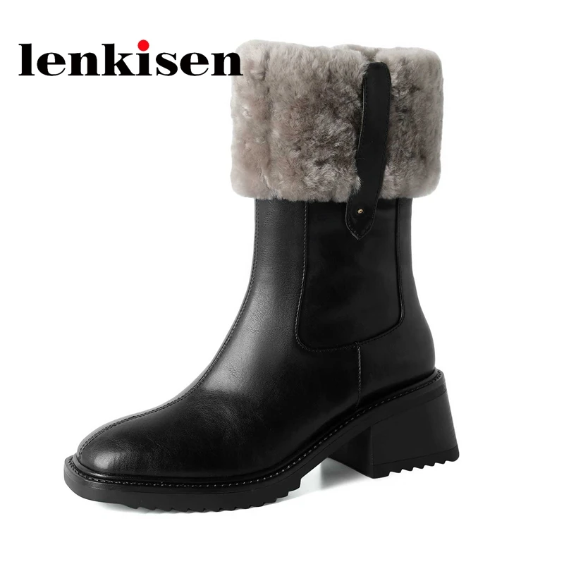 

Lenkisen plus size cow split leather square toe high heels snow boots winter warm comfortable fashion all-mach ankle boots L8f5