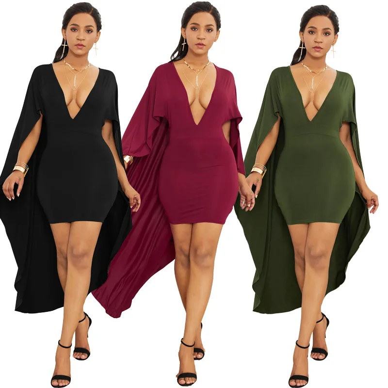 

Adogirl 2020 New Arrival Women Sexy Bat Sleeve Low Cut Deep V Neckline Buttock Wrap Irregular Dress Nightclub Lady Party Dress