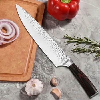 

SOWOLL 8 inch Chef Knife 7CR17 Stainless Steel Hammer Blade Japanese Style Knife Santoku Knife with Wooden Handle Plastic Covers