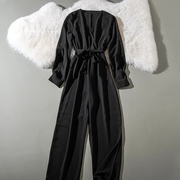 

Cthink Spring 2020 New Solid Jumpsuit Women Fashion Belt Slim Wide Leg Long One Piece Pant Elegant Full Sleeve Women's Jumpsuits