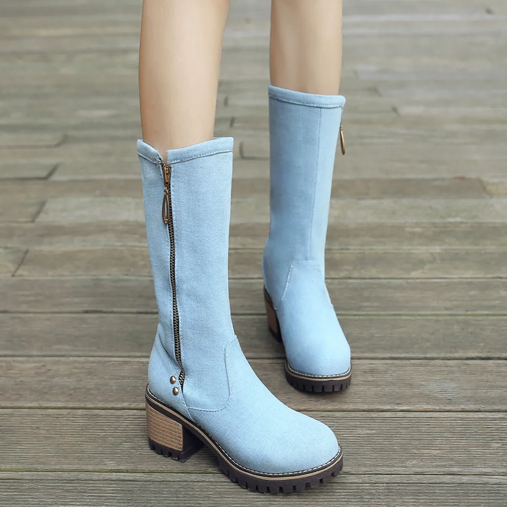 Женские Винтажные ботинки из джинсовой ткани; Осенняя женская обувь на высоком толстом каблуке; зимние женские сапоги средней высоты; непромокаемые сапоги; большие размеры