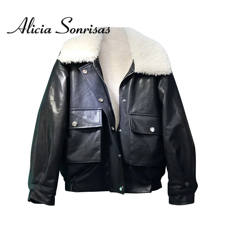 

2021 Winter PU Lamb Fur Coat Motorcycle Fluffy Jacket Big Pockets Zippers Black Sheepskin Coat Turn-down Collar Fleece Jacket