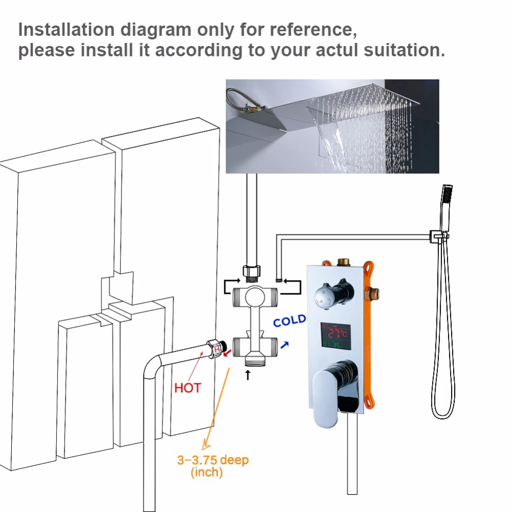 quyanre wanfan frap digital display 3 functions shower faucets set ultrathin rainfall waterfall shower head 3 function single handle mixer tap faucet abs handshower bathroom shower faucets set4