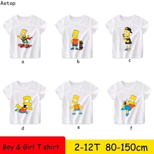 Симпсоны, детские топы из хлопка с круглым вырезом, летняя белая футболка Веселая Детская футболка с рисунком одежда для малышей от 2 до 12 лет