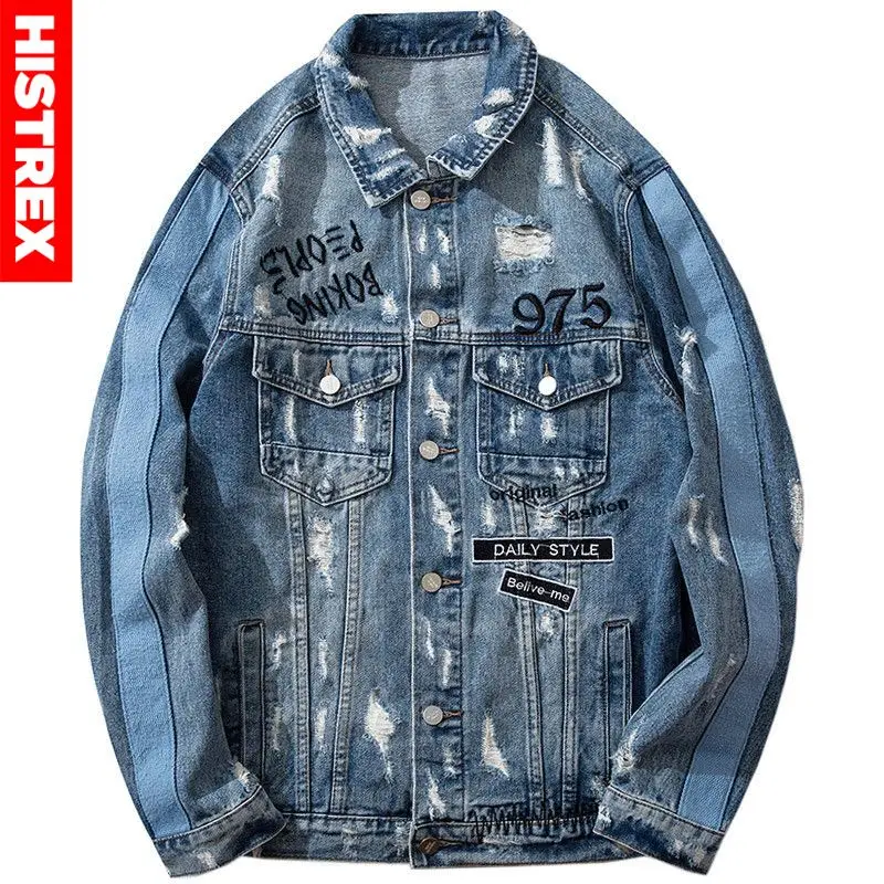 Giacca di Jeans da uomo Hip Hop fori strappati giacca Vintage Jeans foglia  vernice ricamo lettera 2022 giacca di Jeans Streetwear Distressed -  AliExpress Men's Clothing