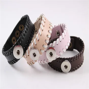 

Wholesales Snap Bracelet Widened Leather Replaceable Button Inspired Vintage Hand-Woven Fashion Jewelry Pink Brown For Women Men