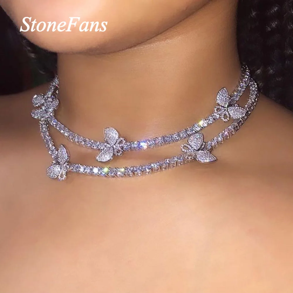 Блестящая цепь Stonefans Стразы для тенниса чокер с бабочкой ожерелье в стиле хип хоп