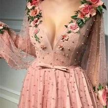 ТРАПЕЦИЕВИДНОЕ платье для выпускного вечера es с v-образным вырезом розовое длинное платье для выпускного вечера вечерние платья с 3D цветком с длинными рукавами Вечерние платья