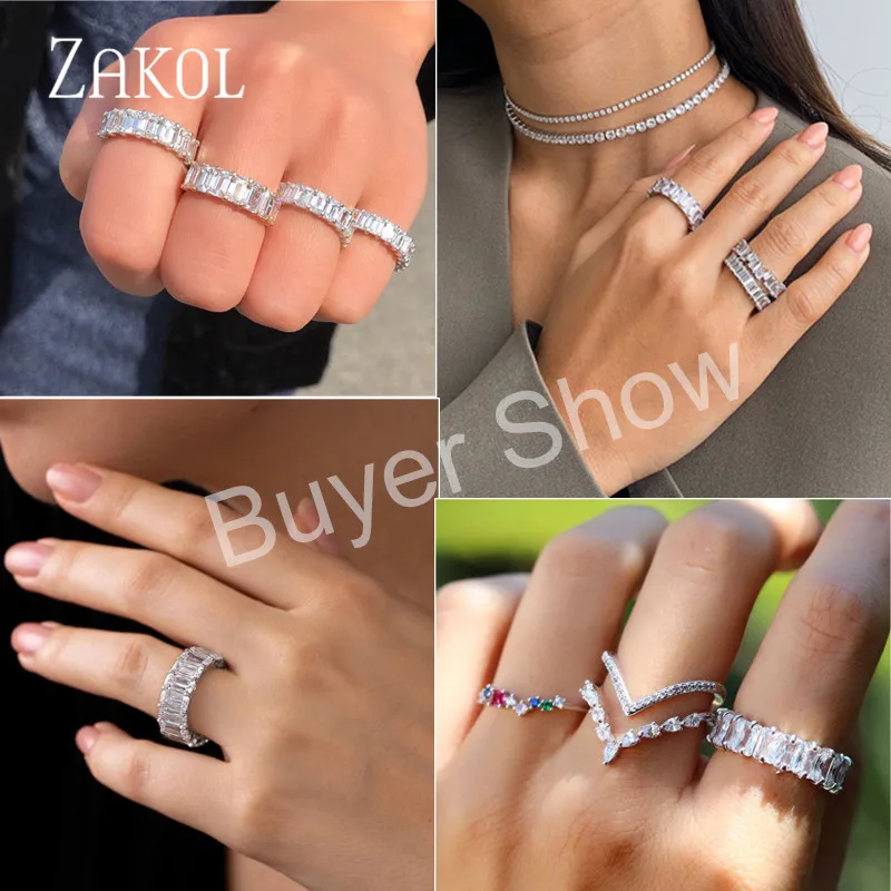 ZAKOL Fashion Mutilcolor AAA Baguette Cubic Zirconia Wedding Finger Rings for Women Luxury T Shape Stone Party Jewelry FSRP2119