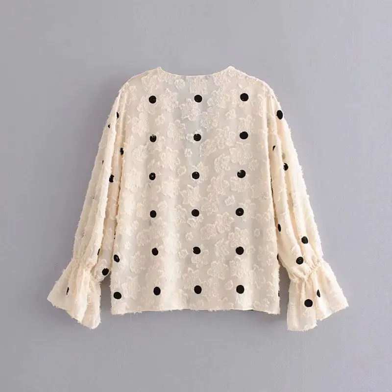 Женская текстурированная винтажная блузка в горошек с длинным рукавом и v-образным вырезом, повседневные топы размера плюс, AAZZ9572