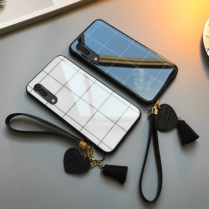

For OPPO Reno 3 Pro Case Free strap Lattice Line Glossy Hard Tempered Glass Cover For OPPO Reno 3 z 2 ace luxury phone Casing
