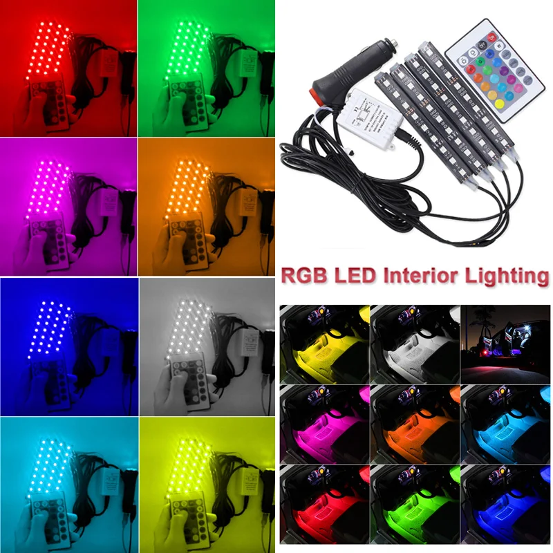 12 В 4 Шт Автомобильные RGB Светодиодные полосы света с пультом дистанционного управления декоративный дизайн автомобиля атмосферные лампы салона автомобиля светодиодный свет