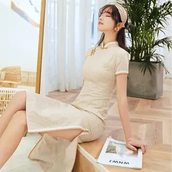 

2020 Sexy modern qipao dresschinese traditional clothing for women summer short sleeve cheongsam plaid dress plus size 3XL