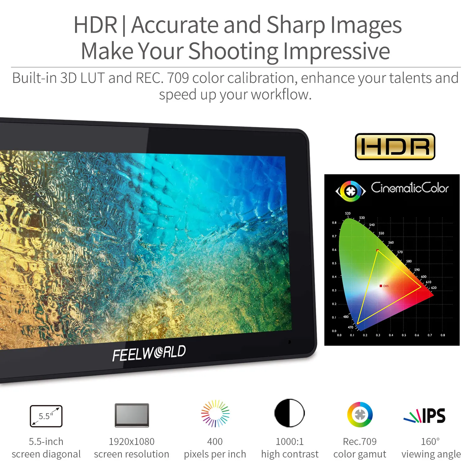 FEELWORLD 5.5 Inch on Camera DSLR Field Monitor FHD IPS Touch Screen 4K HDMI 1920x1080 3D LUT Waveform for Rig Gimbal F6PLUS