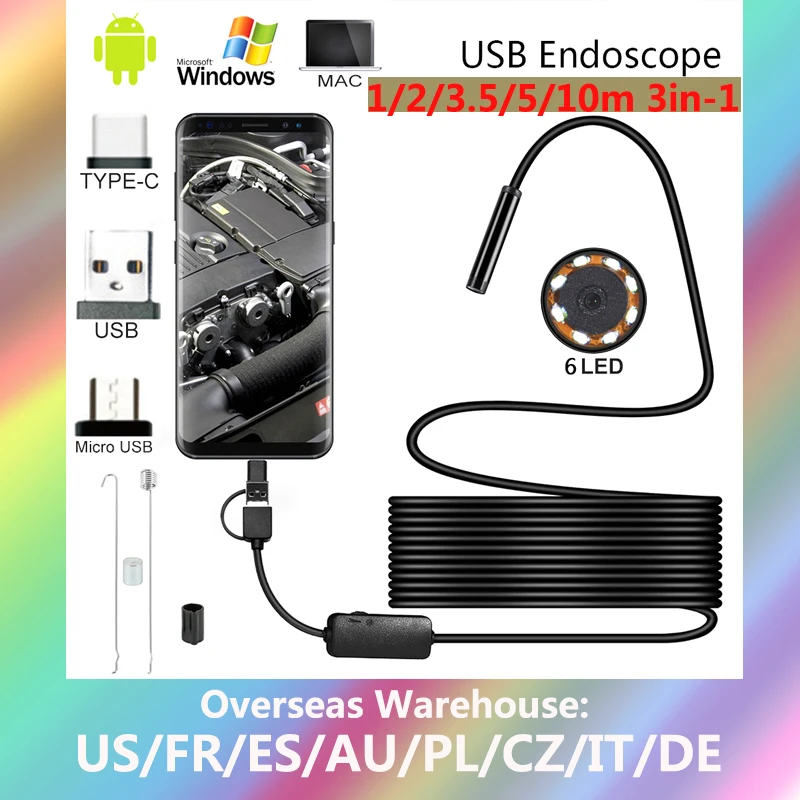 Alta calidad HD Cámara endoscopio USB 5,5mm con 6 LED 1/2/5M Cable inspección impermeable boroscopio para Android PC