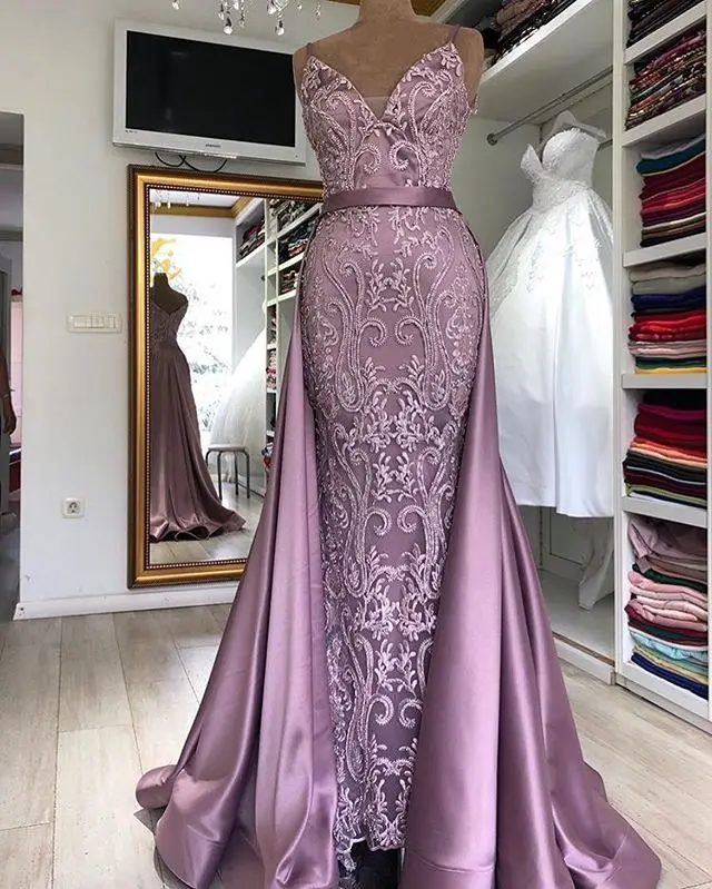 

Vintage Evening Dresses 2023 Spaghetti Strap Detachable Tail Mermaid Long Lace Appliques Prom Formal Gowns Robe De Soiree