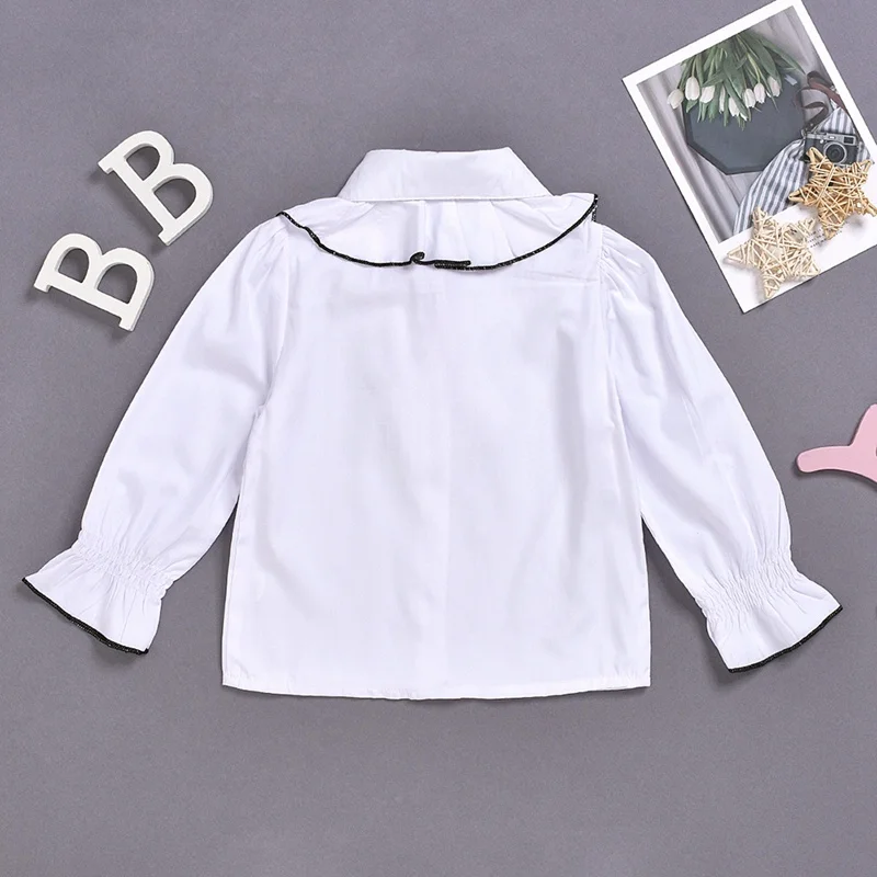 Белая однотонная Повседневная Блузка с оборками спереди; топы для детей; коллекция года; Милая хлопковая блузка с длинными рукавами и квадратным воротником для девочек