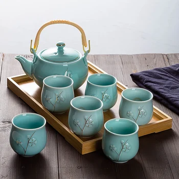 

Hand painted gold Jingdezhen ceramic teaware set household modern simple teapot teacup bamboo tray tea pot cup kungfu teaware