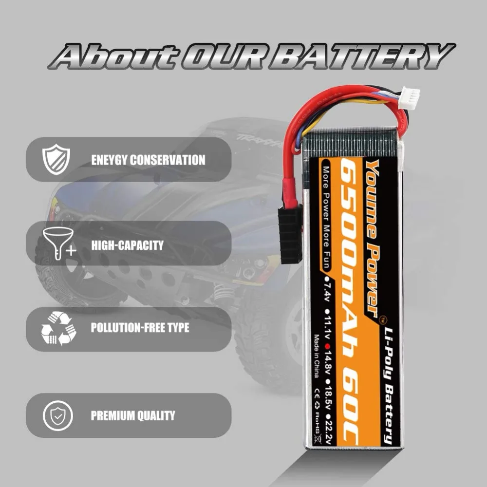 2pcs Youme 4S Lipo 6500mah 14.8v RC Battery 60C with Deans XT60 Connectors for 1/10 1/12 RC Car trucks Airplane Drones Boat Tank