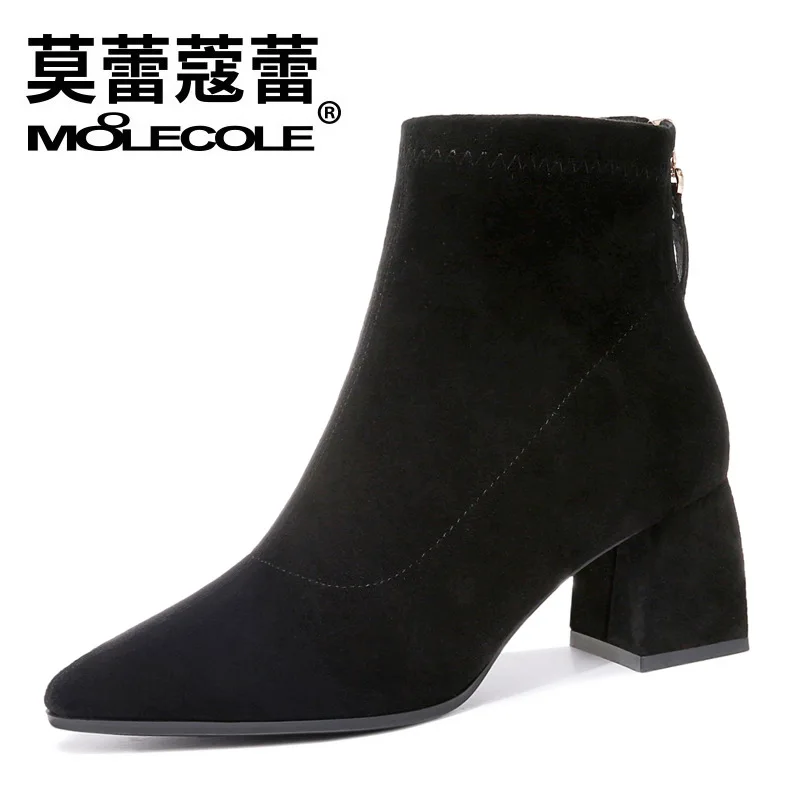 

Moolecole 2019 Autumn New Style Pointed Toe Chunky Heel Boots after Zipper Casual Short Boots Waterproof Platform WOMEN'S Shoes