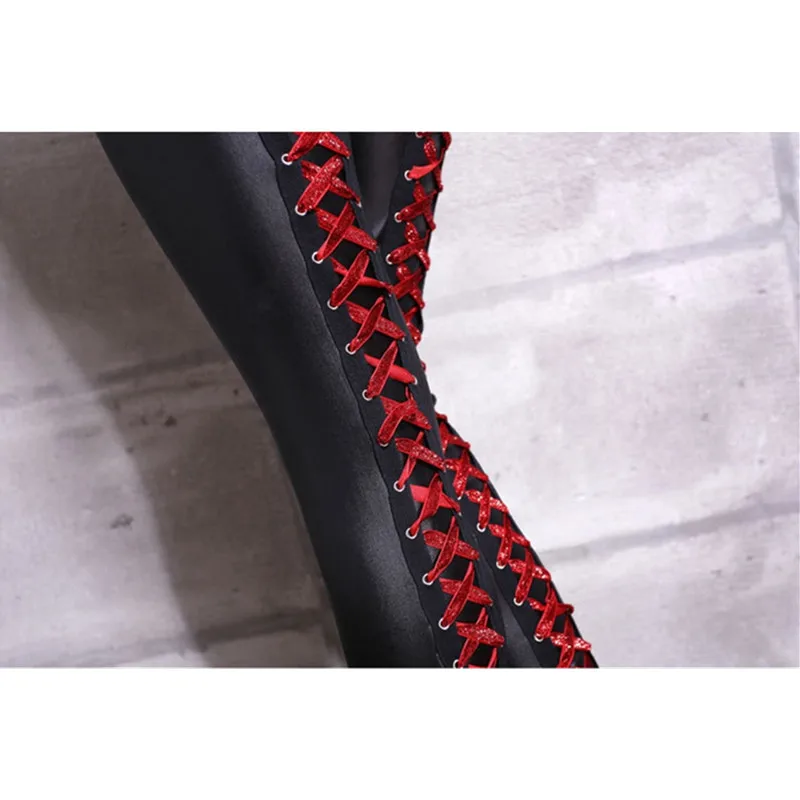 Women Sexy Wetlook Faux Leather Lingerie Exotic Lace up Pants PU leggins Latex Catsuit PVC Clubwear costume Lady fetish trousers