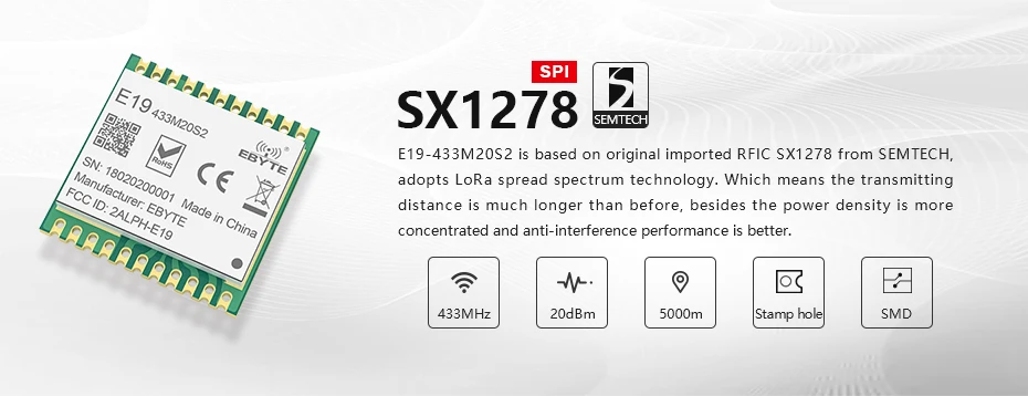 E19-433M20S2 SX1278 LoRawan LoRa 433 МГц модуль 20dMm SMD беспроводной передачи SPI интерфейс большой диапазон отверстие для штампа