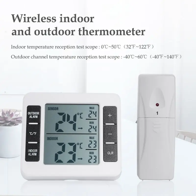 Wireless Digital Audible Alarm Refrigerator Thermometer With 1pc Sensor Min/Max Display Indoor Outdoor Thermometer