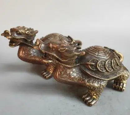 

A Pairs Chinese Old Pure Brass Eight Diagrams Coin Animal Dragon Tortoise Safety And Longevity Wealth Statue