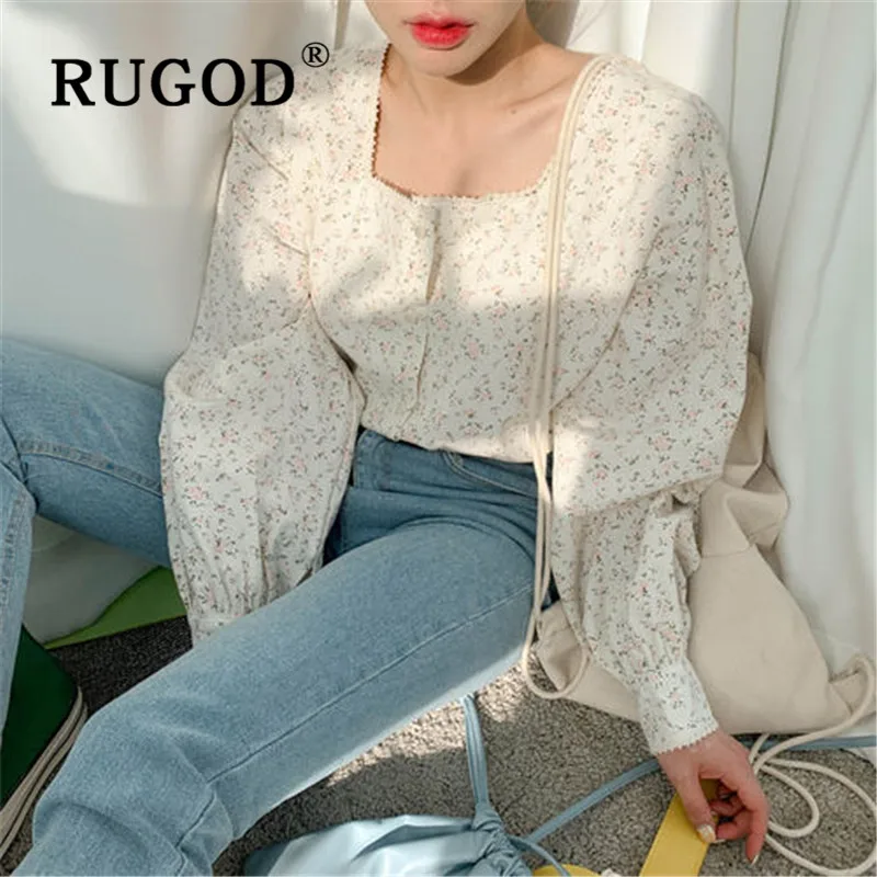RUGOD, женская блузка, элегантная, с принтом, квадратный воротник, рукав-фонарик, для офиса, для девушек, рубашки, корейский стиль, ins auturm, однобортный Топ